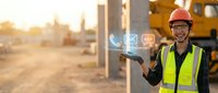 Young male construction worker wearing safety helmet and high-visibility vest holding digital communication icons at building site during sunset for industrial technology and workplace concepts.