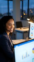 Young African American businesswoman with headset working late at office desk with computer displaying data charts and graphs in modern workplace.
