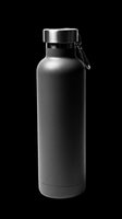 Black matte insulated stainless steel water bottle with carabiner clip, isolated on transparent background. Ready for t-shirt design, stickers, clipart, and print on demand use.
