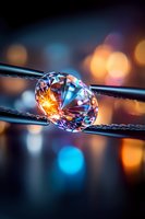 Brilliant cut diamond held by tweezers against blurred bokeh background with orange and blue lights, showcasing luxury jewelry craftsmanship and precious stone details.