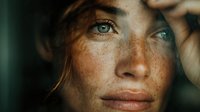 Close-up portrait of young woman with freckles and blue eyes in soft natural light, showing contemplative expression with hand near face.