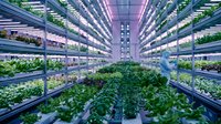 Vertical farming facility with rows of green leafy vegetables growing under pink and purple LED lights in a modern indoor agricultural greenhouse environment.
