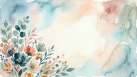 Watercolor floral arrangement with soft blush, teal, and sage tones featuring blooming flowers and foliage on textured background for wedding invitations and greeting cards.
