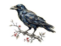 Dark blue crow perched on flowering branch with berries, isolated on white background. Detailed illustration suitable for nature prints, educational materials, and design projects.