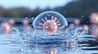 Microscopic virus cell in water bubble splash, medical science visualization with corona pathogen structure floating on liquid surface with droplets.