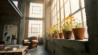 Sunlit industrial loft interior with terracotta flower pots on concrete windowsill, leather armchair and exposed brick walls creating cozy urban living space.