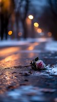 Single pink rose lying on wet ground at dusk with glowing bokeh lights and snow, creating romantic winter atmosphere for Valentine's Day or anniversary designs.