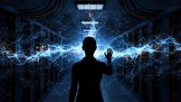 Silhouette of person reaching toward glowing digital energy streams in futuristic data center with blue lightning effects and technological atmosphere.