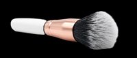 Makeup powder brush with rose gold ferrule and white handle, isolated on transparent background. Ready for beauty clipart, t-shirt design, stickers, and print on demand use.