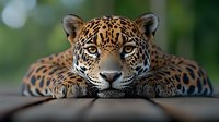 Close-up portrait of majestic jaguar with intense blue eyes resting and staring directly at camera against blurred green natural background.