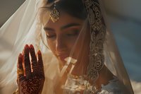 Young South Asian woman wearing traditional bridal henna, ornate veil, and jewelry in golden sunlight. Wedding ceremony preparation and cultural celebration.