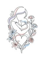 Tender mother holding newborn baby surrounded by blooming flowers in continuous line art style for motherhood celebration and nursery decor.