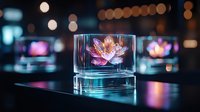 Glowing pink lotus flower hologram in glass cube display against dark background with bokeh lights, creating futuristic technological atmosphere.