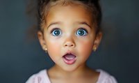 Mixed race little girl with bright blue eyes and surprised expression wearing pink, close up portrait against dark background. Emotional childhood moment.