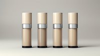 Elegant cosmetic bottles in beige and silver on neutral background, minimalist luxury skincare packaging design for beauty product presentation.