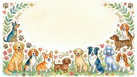 Adorable dogs of various breeds sitting together in decorative floral frame with paw prints and hearts on cream background for pet lovers designs.