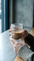 Hands holding double wall glass mug with layered coffee espresso drink in cozy cafe setting with natural window light and warm atmosphere.