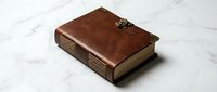 Vintage brown leather bound journal with brass clasp closure on white marble surface for writing, note-taking, and creative projects.