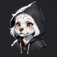 Cute white dog character wearing black hoodie with expressive brown eyes and friendly smile, stylized anime-inspired artwork on dark background.