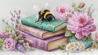 Vintage books stacked with bumblebee and pink peonies, lavender sprigs and daisies in watercolor style composition for romantic stationery and wall art designs.