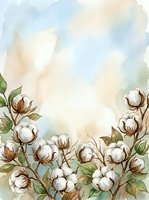 Watercolor cotton flowers border with soft pastel blue and beige background, copy space for text, great for cards, invitations, and prints.