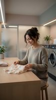 Young woman folding clean laundry in modern utility room with washing machine and natural lighting for household chores and domestic life concepts.