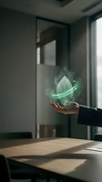 Person in business attire holding glowing neon leaf icon above wooden desk in modern office space, symbolizing sustainability, green energy, and environmental responsibility for corporate concepts.