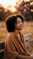 Young African American woman with curly hair meditating peacefully on wooden bench during golden hour sunset, eyes closed in serene mindfulness moment outdoors.