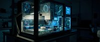 Futuristic holographic display interface with multiple transparent screens showing data analytics and digital information in modern control room.