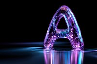 Transparent glass letter A with purple and blue gradient lighting effects on reflective surface against black background for modern typography design.