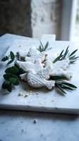 White iced gingerbread cookies with intricate lace patterns arranged on marble board with eucalyptus leaves for holiday baking and festive celebrations.