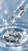 Macro shot of water drop falling into liquid surface creating crown splash effect with sparkles and bokeh lights on blue background. Frozen motion photography.