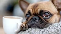 French bulldog puppy resting with coffee cup on cozy knitted blanket. Adorable fawn colored dog with expressive eyes relaxing at home for morning routine concept.