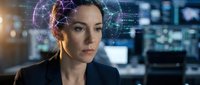 Professional businesswoman with digital brain overlay in modern tech control room representing artificial intelligence and machine learning concepts.