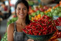 Young Hispanic female vendor smiling while holding fresh red chili peppers in traditional market. Colorful produce and vegetables visible in background. Food market atmosphere.