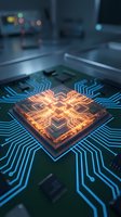 Glowing microprocessor chip with orange light circuits on blue circuit board in modern tech laboratory environment for computing and electronics concepts.