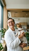 Happy veterinarian holding small dog in modern clinic office. Professional healthcare worker with pet showing affection and care in medical setting.