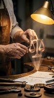 Skilled craftsman hands carefully assembling miniature brass scales of justice in workshop under warm lamp light with tools and papers on wooden workbench.