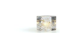 Young adult female, Caucasian ethnicity, wearing casual attire, holding isolated transparent cube containing golden geometric network structure for design projects.