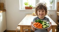 Young child holding colorful plate of fresh vegetables including carrots and cucumbers in bright modern kitchen for healthy eating lifestyle.