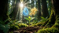 Young plant with water droplet and golden cross symbols glowing in misty forest setting, representing growth, faith, and environmental sustainability for spiritual and eco-conscious designs.