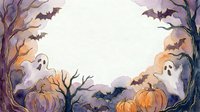 Halloween spooky frame with ghosts, bats, pumpkins and bare trees creating atmospheric border for seasonal designs and decorations.