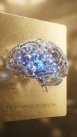Futuristic brain with glowing neural networks and circuit board patterns representing artificial intelligence and machine learning technology concepts.