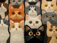 Adorable cat faces pattern featuring various breeds with expressive eyes in orange, gray, white and black colors. Textured illustration style creates cozy feel.