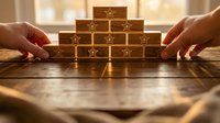 Hands arranging wooden blocks with golden stars in pyramid formation on table representing achievement levels and success building in business growth.