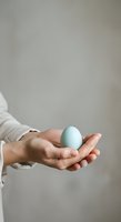 Person wearing white long-sleeved shirt holding light blue egg in open palm against neutral gray background, suitable for Easter, spring, and holiday design projects.