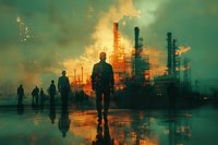 Silhouettes of people walking towards industrial refinery with dramatic burning sky and water reflection creating apocalyptic atmosphere.