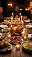Thanksgiving dinner table with roasted turkey, cranberry pie and side dishes surrounded by family gathering in warm candlelit dining room atmosphere.