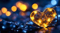 Glowing heart-shaped light decoration with warm yellow LED lights against blurred blue bokeh background creates romantic atmosphere for Valentine's Day or wedding decor.