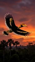 Majestic hornbill bird soaring over tropical rainforest canopy at dramatic sunset with vibrant orange and purple sky creating stunning wildlife scene.